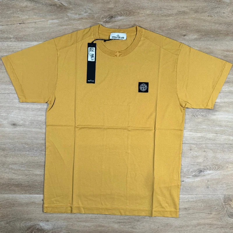Men's ribbed t - shirts with a textured finish for added styleStone Island Patch Logo T-Shirt in Mustard Men's ribbed t - shirts with a textured finish for added styleStone Island Patch Logo T-Shirt in Mustard
