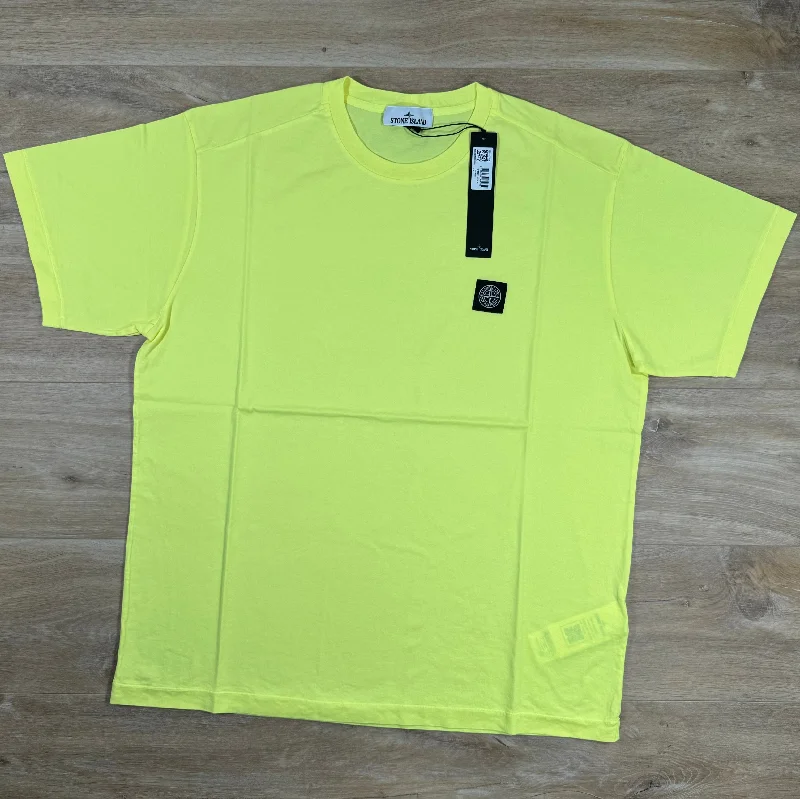 Men's slim - fit graphic t - shirts with vintage rock band printsStone Island Patch Logo T-Shirt in Neon Yellow Men's slim - fit graphic t - shirts with vintage rock band printsStone Island Patch Logo T-Shirt in Neon Yellow