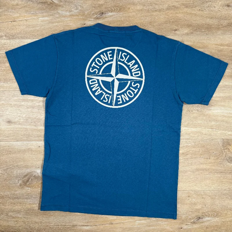 Men's button - front t - shirts with a unique artistic printStone Island Reverse Graphic Logo T-Shirt in Avio Blue Men's button - front t - shirts with a unique artistic printStone Island Reverse Graphic Logo T-Shirt in Avio Blue
